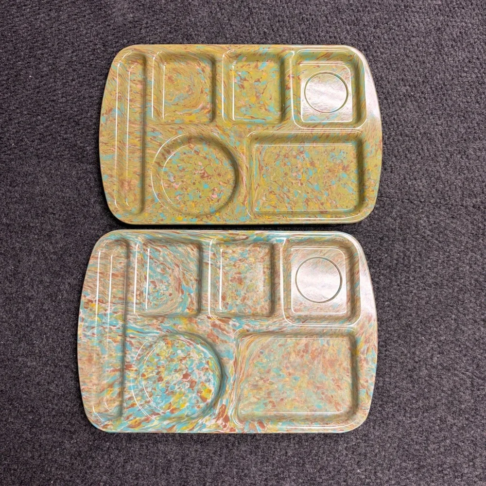 Vintage Prolon Ware Confetti Melamine Cafeteria Trays 9953 Marbelized Set of 2